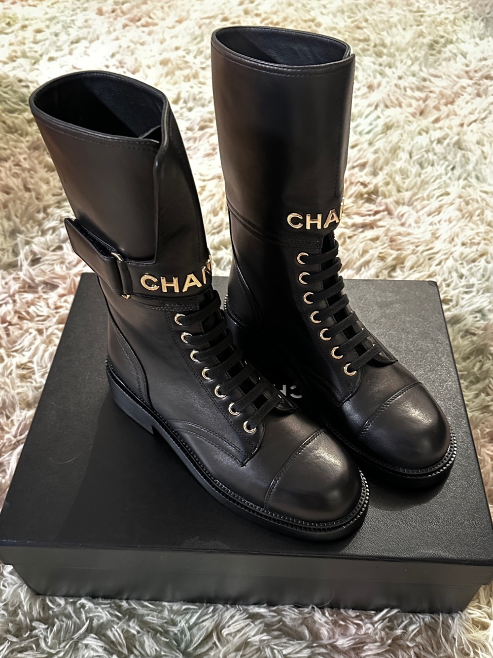 New Chanel Lace Up Buckle Combat Boots Size 38 - Picture 2 of 12